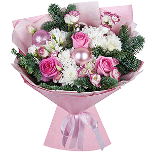 Pink rose 50 cm - 4, Baltica White Spray Chrysanthemum - 3, Pink Lisianthus (Eustoma) - 2, Spruce branches (1pc.), Christmas decor (set), Wrapping Paper