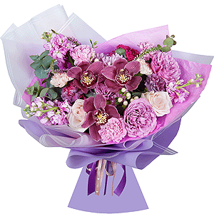 Pink Cymbidium Orchid Bud - 3, Pink rose 50 cm - 5, Rose Purple 50 cm Ecuador (Deep Water, Deep Purple, Moody Blue) - 3, Bright pink spray rose mix, 50 cm - 3, Pink Matthiola - 4, Carnation white, cream - 4, Bacardi Pink Spray Chrysanthemum - 3, Lilac carnation - 2, Pink carnation - 5, Flask for orchids, Eucalyptus Cinerea, Veronica spray, Hypericum, Wrapping Paper