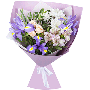 Baltica White Spray Chrysanthemum - 2, Spray rose: white, cream, light pink 50 cm - 1, Irises - 3, Alstromeria white, soft pink - 2, Pistachio, Wrapping Paper