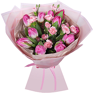 Pink tulip - 15, Pink spray carnation - 7, Wrapping Paper