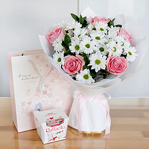 Bacardi White Spray Chrysanthemum - 5, Pink rose 50 cm - 7, Salal, Wrapping Paper, Ribbon, Present bag, Box of candies «Raffaello» 150 g