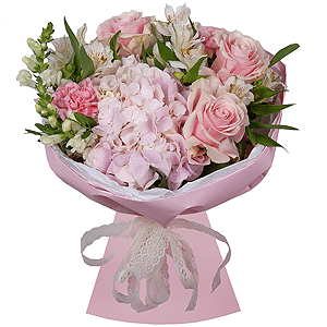 Pink Hydrangea - 1, Alstromeria white, soft pink - 4, White Matthiola - 2, Pink rose 50 cm - 5, Pink carnation - 2, Pistachio, Wrapping Paper