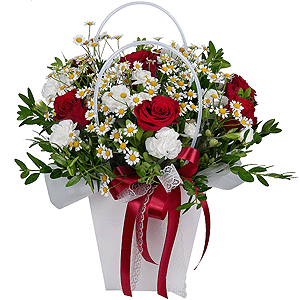 Red rose 50 cm - 9, White spray carnation - 7, Chamomile - 3, Flower bag, Pistachio, Ribbon, Oasis