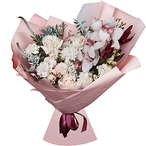 White Cymbidium Orchid Bud - 5, White rose 50 cm Ecuador - 5, Spray rose: white, cream, light pink 50 cm - 2, Baltica White Spray Chrysanthemum - 2, Carnation white, cream - 3, lisianthus - 1, White Matthiola - 1, Leukodendron, Veronica spray, Pistachio, White statice, Waxflower (1 pc.), Wrapping Paper