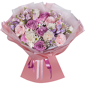 Bacardi White Spray Chrysanthemum - 3, Gypsophila - 2, Matthiola Lilac - 4, Pink rose 50 cm - 6, Moody Blue Rose - 4, Peony style roses - 3, Pink carnation - 4, White spray carnation - 3, Wrapping Paper
