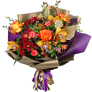 Yellow rose 50 cm - 5, Orchid bud yellow/brown Cymbidium - 6, Alstromeria white, soft pink - 4, Pink spray carnation - 6, Bacardi Red Spray Chrysanthemum - 4, Flask for orchids, Aspidistra (1 pc.), Sedum, Limonium (1 pc.), Eucalyptus parvifolia (1 pc.), Wrapping Paper, Decorative element medium