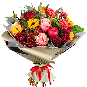 Sunflower - 3, Dahlia - 4, Orange carnation - 4, Red rose 50 cm - 7, Athos pom Feeling Green - 3, Peony rose Kahala 50 cm - 5, Sedum, Eucalyptus populus (1 pc.), Wrapping Paper, Decorative element medium, Ribbon