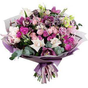 Bright pink spray rose mix, 50 cm - 11, White rose 50 cm - 8, lisianthus - 3, Pink carnation - 4, Pink Cymbidium Orchid Bud - 5, Eucalyptus populus (1 pc.), Limonium (1 pc.), Eucalyptus Cinerea, Flask for orchids, Dried flowers decor, Wrapping Paper, Veronica spray, Aspidistra (1 pc.)