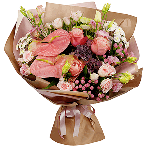 Pink Lisianthus (Eustoma) - 4, Athos poms Stallion - 4, Lilac carnation - 3, Bright pink spray rose mix, 50 cm - 8, Pink cut anthurium - 2, Peony rose Kahala 50 cm - 5, Hypericum, Aspidistra (1 pc.), Wrapping Paper