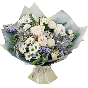 Peony style roses - 5, Momoko Chrysanthemum - 3, lisianthus - 3, Bacardi White Spray Chrysanthemum - 2, Brunia Green Lanuginosa (1 pc.), Decorative element medium, Blue Statice, Asparagus umbelatus (1 pc.), Wrapping Paper, Ribbon, Spruce branches (1pc.)