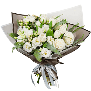 White rose 50 cm - 7, lisianthus - 4, Tulip white - 12, Ambrella, Hypericum, Wrapping Paper, Ribbon