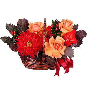 Red, Burgundy Dahlia - 1, Red Gladiolus - 1, Rose Orange 50 cm Ecuador (High Magic, High Yollow Magic) - 7, Small Basket, Oasis, Hypericum, Salal, Ribbon