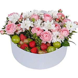 Bacardi White Spray Chrysanthemum - 2, Peony sprayrose - 2, Gypsophila - 5, Circular arrangement box, Oasis, Pistachio, Fresas 250 g, Grapes, Film, Ribbon
