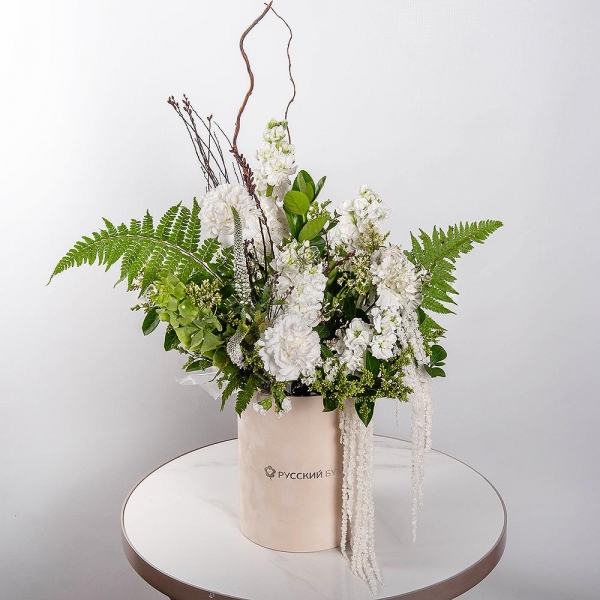 Carnation white, cream - 11, White Matthiola - 4, Round flower box small , Oasis, Veronica spray, Fern (1 pc.), Artificial branch, White statice, Pittosporum, Amaranth stabilized, Moluccella