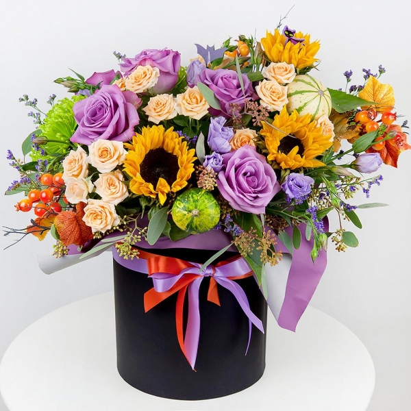Sunflower - 4, Yellow chrysanthemum  single-headed Anastasia - 3, Deep Purple rose - 7, Spray rose: white, cream, light pink 50 cm - 7, Pink Lisianthus (Eustoma) - 4, Round flower box medium, Oasis, Wrapping Paper, Artificial branch, Limonium (1 pc.), Artificial branch, Decorative element small