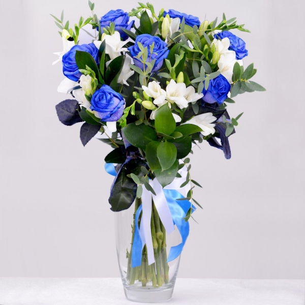 Rose blue - 9, Freesia - 12, Ruscus, Eucalyptus parvifolia (1 pc.), Ribbon