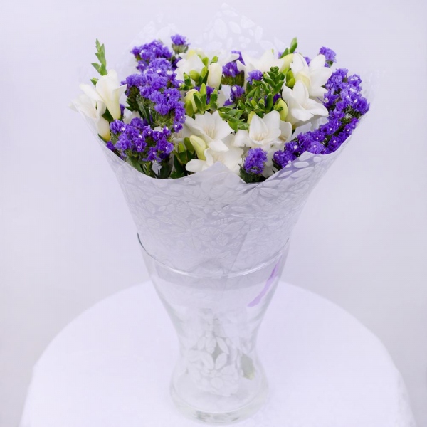 Freesia - 13, Blue Statice, Felt, Ribbon