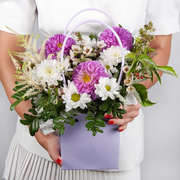 Bacardi White Spray Chrysanthemum - 3, Purple Dahlia - 3, Baltica White Spray Chrysanthemum - 3, Flower bag, Oasis, Astilbe, Pistachio, Waxflower (1 pc.),  Raspberry branch