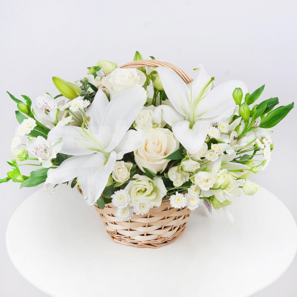 Lilies - 1, White rose 50 cm - 5, Spray rose: white, cream, light pink 50 cm - 3, Alstromeria white, soft pink - 3, lisianthus - 2, Athos poms Stallion - 3, Small Basket, Oasis