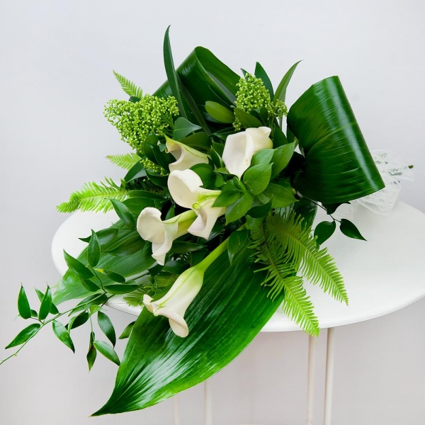 Calla lilies - 9, Skimmia, Ambrella, Aspidistra (1 pc.), Ruscus italian, Ruscus, Ribbon