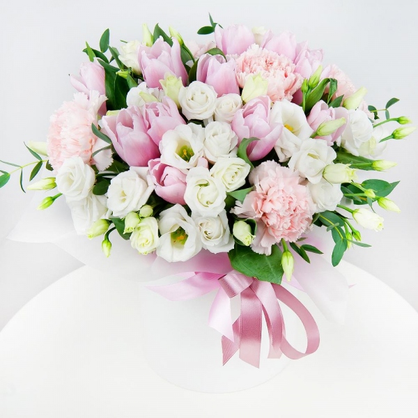 Pink carnation - 9, lisianthus - 5, Pink tulip - 19, Round flower box small , Oasis, Wrapping Paper, Eucalyptus parvifolia (1 pc.)