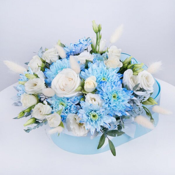 Chrysanthemum spray Baltica painted blue - 2, Spray rose: white, cream, light pink 50 cm - 2, White rose 50 cm - 2, lisianthus - 1, Composition Box, Oasis, Pistachio, Fern (1 pc.), Dried flowers decor