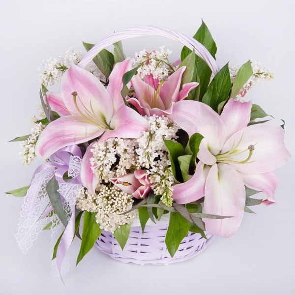 Pink lily - 1, White Lilac - 5, Medium Basket, Oasis, Ribbon