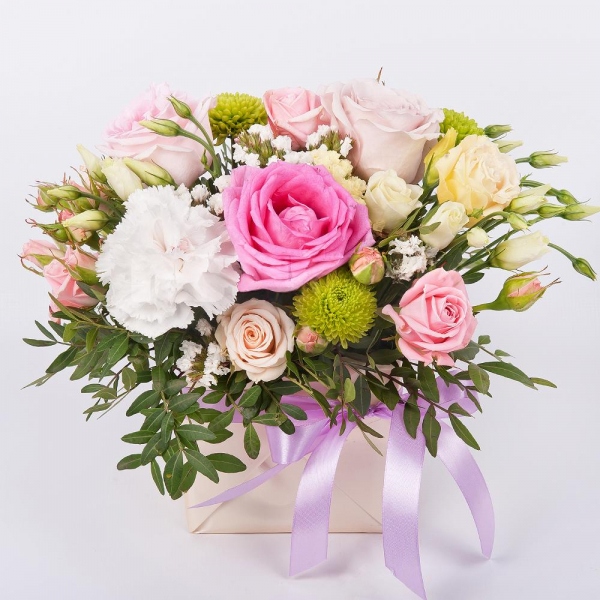 Carnation white, cream - 5, Rose Powder 50 cm Ecuador (Quicksand, Menta) - 1, Spray rose: white, cream, light pink 50 cm - 2, Athos pom Feeling Green - 2, Pink rose 50 cm - 2, lisianthus - 1, Oasis, Wrapping Paper, Pistachio, White statice