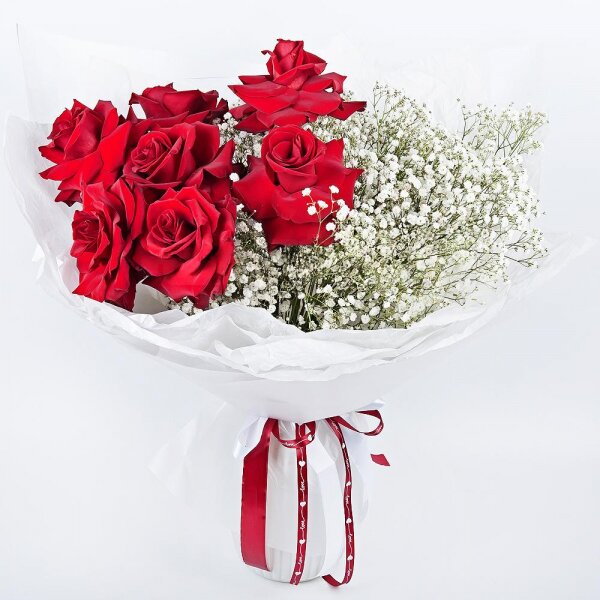 Rose Red 50 cm Ecuador - 11, Gypsophila - 8, Wrapping Paper, Ribbon