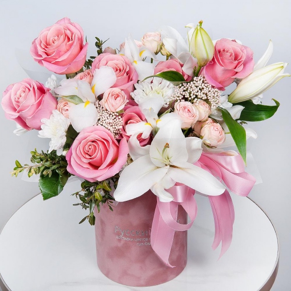 Lilies - 1, White iris - 6, Pink rose 50 cm - 11, Peony sprayrose - 3, Baltica White Spray Chrysanthemum - 2, Round flower box small , Oasis, Ozotamnus, Pistachio, Wrapping Paper