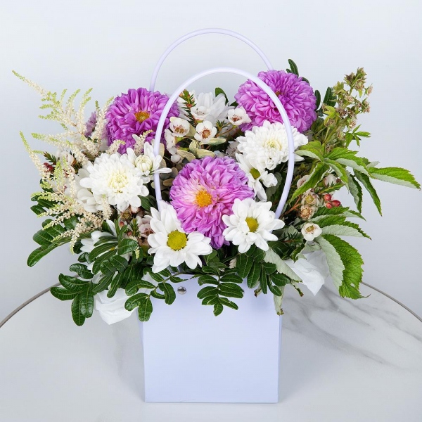 Bacardi White Spray Chrysanthemum - 2, Purple Dahlia - 3, Baltica White Spray Chrysanthemum - 2, Flower bag, Oasis, Astilbe, Pistachio, Waxflower (1 pc.),  Raspberry branch
