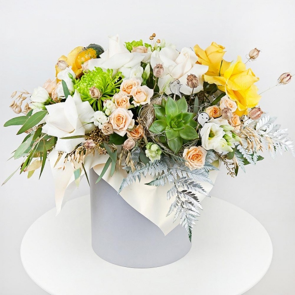 Yellow rose 50 cm - 8, Spray rose: white, cream, light pink 50 cm - 6, lisianthus - 4, Yellow chrysanthemum  single-headed Anastasia - 3, Round flower box medium, Oasis, Fern (1 pc.), Eucalyptus populus (1 pc.), Wrapping Paper, Echeveria small, Dried flowers decor, Decorative element small
