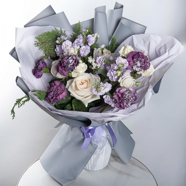 Peony style roses - 3, Spray rose: white, cream, light pink 50 cm - 2, Lilac carnation - 9, Matthiola Lilac - 2, Thuja, White statice, Wrapping Paper