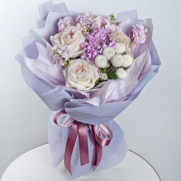Magnum Purple Chrysanthemum - 1, Peony style roses - 5, Matthiola Lilac - 2, Newton White Spray Chrysanthemum - 1, Ozotamnus, Wrapping Paper