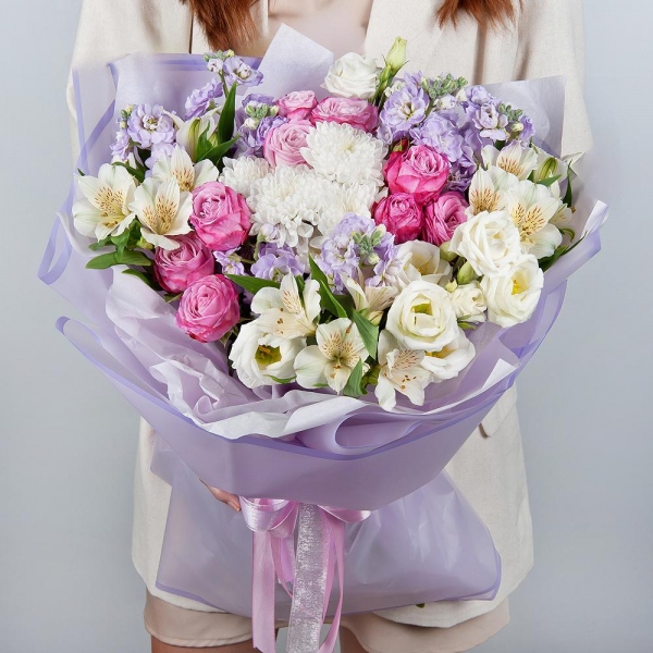 Matthiola Lilac - 3, Baltica White Spray Chrysanthemum - 1, Peony sprayrose - 3, Alstromeria white, soft pink - 6, lisianthus - 2, Wrapping Paper