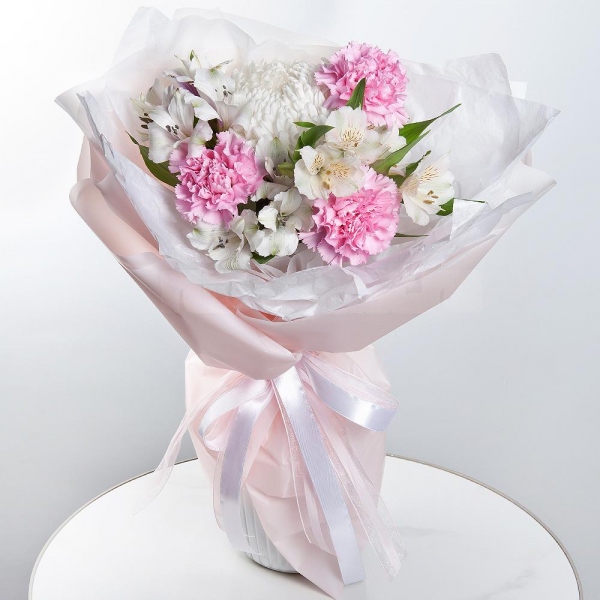 Alstromeria white, soft pink - 5, Pink carnation - 3, Chrysanthemum white Bigoudi - 1, Wrapping Paper