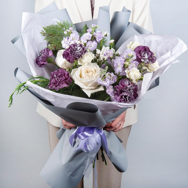 Peony style roses - 3, Spray rose: white, cream, light pink 50 cm - 5, Lilac carnation - 11, Matthiola Lilac - 2, Thuja, White statice, Wrapping Paper