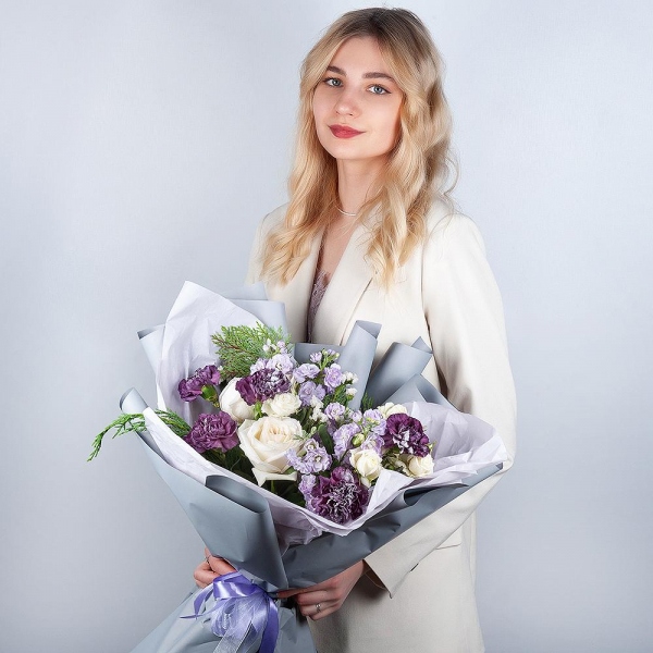 Peony style roses - 3, Spray rose: white, cream, light pink 50 cm - 5, Lilac carnation - 11, Matthiola Lilac - 2, Thuja, White statice, Wrapping Paper