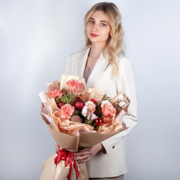Orange carnation - 7, Peony rose Kahala 50 cm - 3, Skimmia, Pistachio, Cotton branch, Christmas decor (set), Hypericum, Wrapping Paper