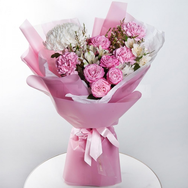 Chrysanthemum white Bigoudi - 1, Peony sprayrose - 2, Pink carnation - 7, Alstromeria white, soft pink - 5, Waxflower (1 pc.), Wrapping Paper