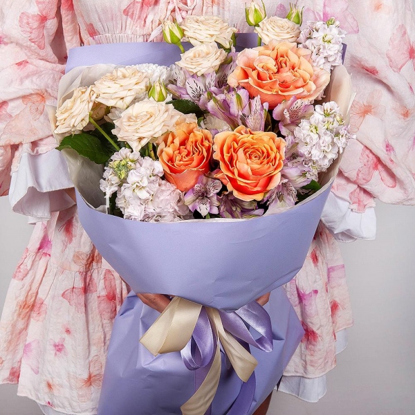 Pink-orange rose Phoenix 50 cm - 3, Spray rose: white, cream, light pink 50 cm - 2, Alstromeria lilac, purple - 11, Matthiola Lilac - 3, Baltica White Spray Chrysanthemum - 1, Wrapping Paper