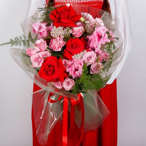 Red rose Nina 50 cm - 5, Spray rose: white, cream, light pink 50 cm - 4, Pink Gladiolus - 3, Pink Lisianthus (Eustoma) - 3, Pink carnation - 3, Ozotamnus, Asparagus setaceus (1 pc.), Wrapping Paper