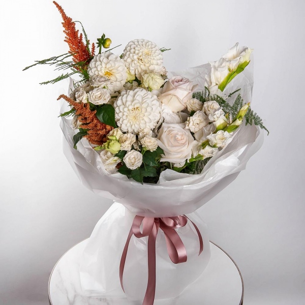 White Dahlia - 5, White Gladiolus - 2, Peony style roses - 3, lisianthus - 2,  White Hydrangea - 1, Spray rose: white, cream, light pink 50 cm - 6, Astilbe, Asparagus setaceus (1 pc.), Pistachio, Wrapping Paper