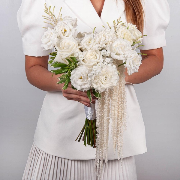 White rose 50 cm Ecuador - 5, Carnation white, cream - 5, lisianthus - 5, Gypsophila - 1, Salal, Astilbe, Amaranth stabilized, Ribbon
