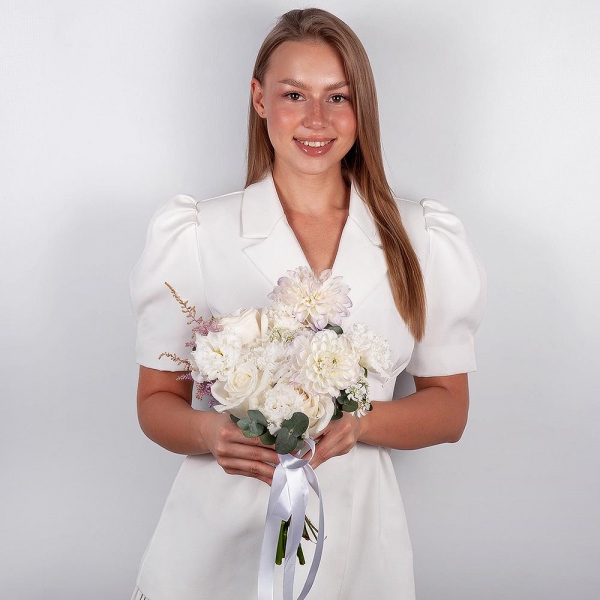 White Dahlia - 2, lisianthus - 3, White rose 50 cm Ecuador - 5, Carnation white, cream - 5, Astilbe, Ozotamnus, Eucalyptus, Ribbon
