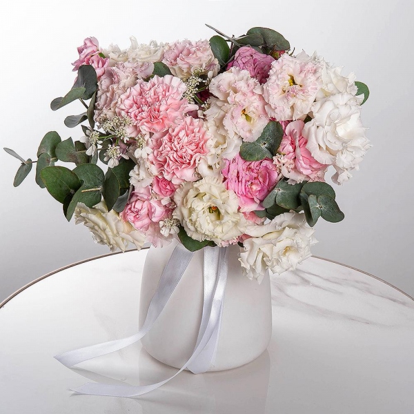 Pink carnation - 5, Pink spray carnation - 5, lisianthus - 3, Peony sprayrose - 1, Pink Lisianthus (Eustoma) - 3, Eucalyptus, Limonium (1 pc.), Ribbon