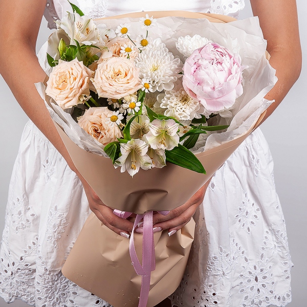 Peony pink - 1, Spray rose: white, cream, light pink 50 cm - 1, Alstromeria white, soft pink - 4, Chamomile - 1, Baltica White Spray Chrysanthemum - 1, Wrapping Paper