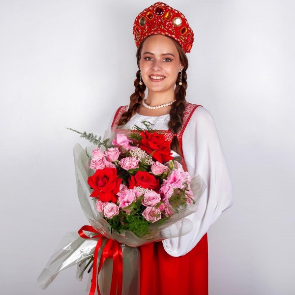 Red rose Nina 50 cm - 7, Spray rose: white, cream, light pink 50 cm - 4, Pink Gladiolus - 3, Pink Lisianthus (Eustoma) - 3, Pink carnation - 7, Ozotamnus, Asparagus setaceus (1 pc.), Wrapping Paper
