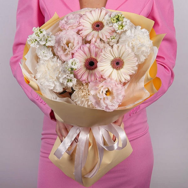 Gerbera pink - 7, Pink Lisianthus (Eustoma) - 2, Carnation white, cream - 7, Baltica White Spray Chrysanthemum - 1, Wrapping Paper