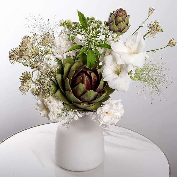 White Gladiolus - 1, lisianthus - 2, White Matthiola - 7, Artichoke, Sedum, Panicum, Ribbon